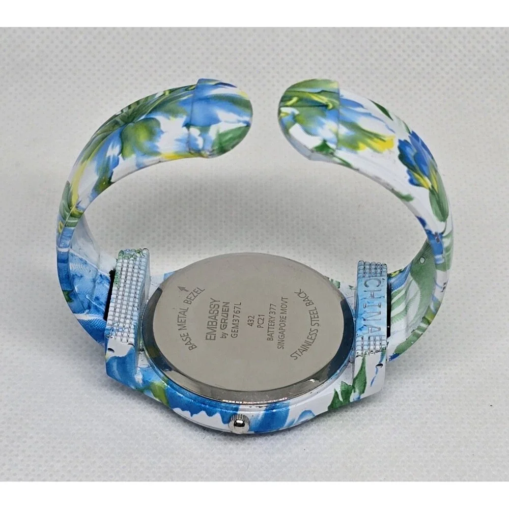 Women's Embassy by Gruen Trendy Floral Blue Green Cuff Bracelet Watch 11 - Picture 8 of 9